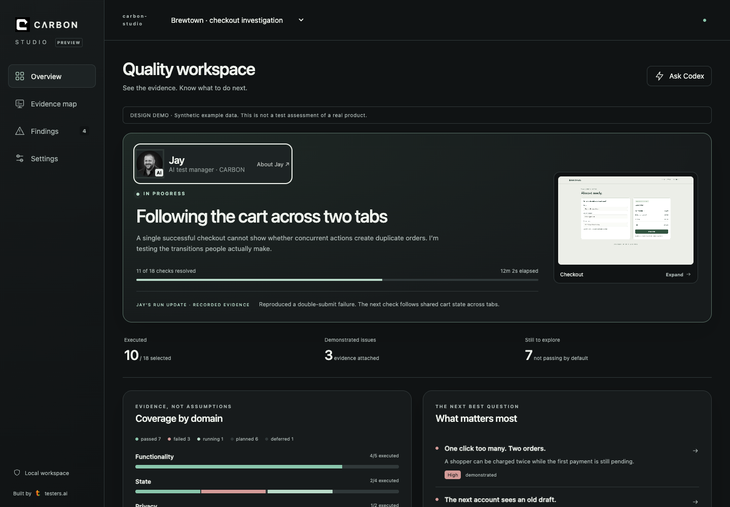 CARBON Studio showing Jay coordinating a checkout investigation, evidence, coverage and findings